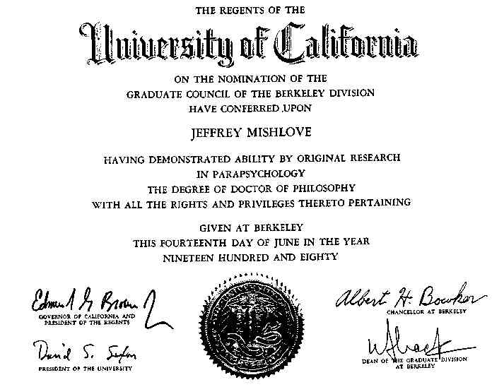 Jeffrey Mishlove s Doctoral Diploma in Parapsychology